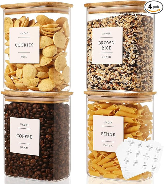 4 Pack Square Glass Pantry Storage Containers with 132 Kitchen Food Pantry Labels - 34 floz Clear Glass Pantry Jars with Airtight Wood Bamboo Lids - Glass Canisters for Tea, Cereal, Coffee, Spice