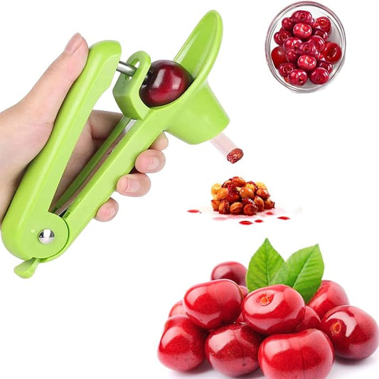 Cherry Pitter Tool, Heavy-Duty Stainless Steel Pitting Tool, Portable Cherries Corer Stoner Seed Tool with Lock Design, Fruit Pit Remover for Cherry Jam (Green)
