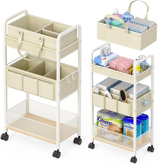 2In1 Baby Diaper Caddy & 3-Tier Rolling Cart, Diaper Caddy Organizer Carts with Dividers, Mobile Metal Utility Cart for Nursery Essentials, Detachable Bedside Cart, Large Capacity, White