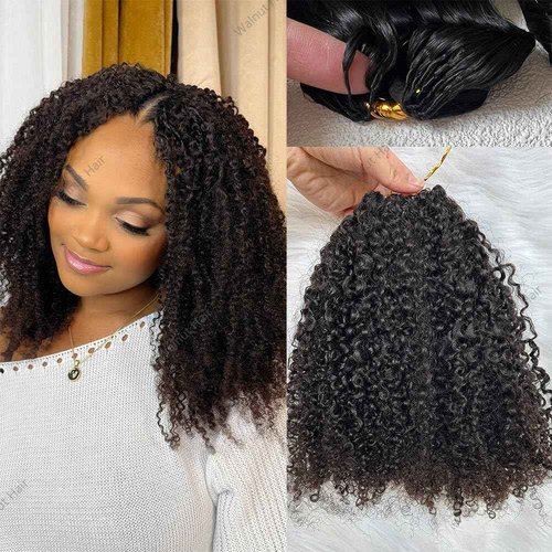 Knotless Pre Separated Crochet Human Hair Extensions Afro Kinky Curly Mongolian Virgin Braiding Hair Invisible Pre Looped Feather Braids Bundles For Black Women Walnut Hair 16inch 60g