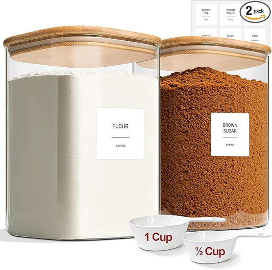2-Pack 1 Gallon Square Glass Flour and Sugar Containers with Lids, Large Airtight Pantry Jars for Baking - Glass Canisters with Scoops & Labels for Bulk Food