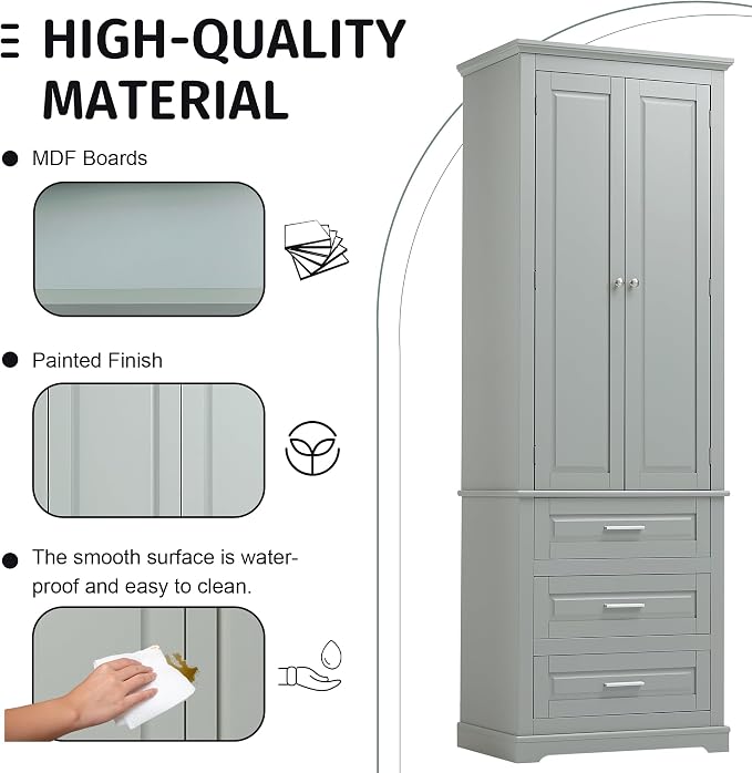 Polibi Tall Storage Cabinet with 3 Drawers, 3-Tier Adjustable Shelves & 2 Doors, Floor Freestanding Linen Cabinet for Bathroom, Living Room, Grey