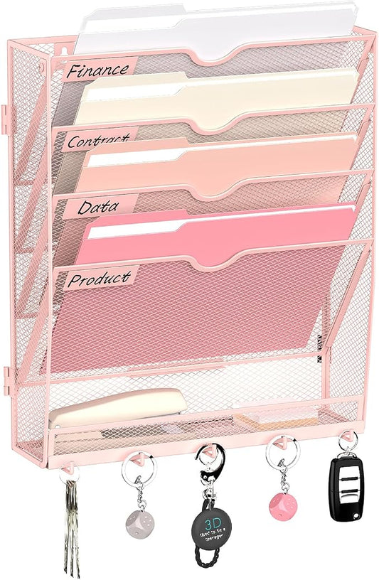 5 Tier Wall File Organizer - Hanging File Organizer with 5 Hooks, Mail Holder Wall Mounted for Papers, Folders, Magazines, Bills, Office&School Organization, Pink