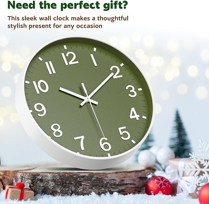 Silent Wall Clock Non-Ticking Battery Operated – Modern Olive Green Analog Wall Clock for Living Room, Kitchen, Office, Bedroom – Stylish Home Wall Decor Clock, 10 Inch