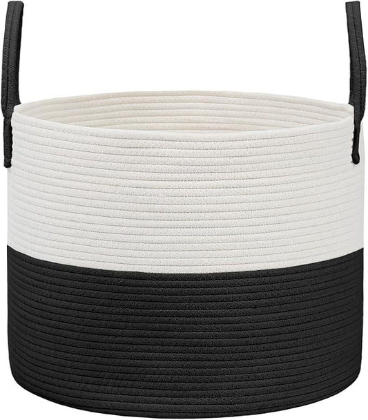 JMvicyroam 115L Extra Large Blanket Basket for Living Room - Woven Cotton Rope Laundry Hamper with Reinforced Handles - Storage Bin for Pillows, Comforters & Toys - Machine Washable,White&Black