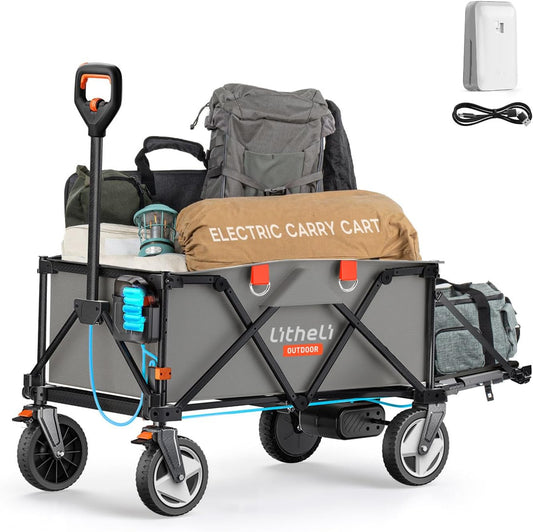 Litheli Electric Utility Wagon Cart, 200L Capacity, 300 lbs Load, Foldable Heavy-Duty Design with All-Terrain Wheels, Variable Speed Drive & Battery Power for Camping, Beach, Garden & Shopping
