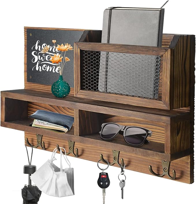 Key Holder for Wall, Mail Organizer Wall Mount with Key Hooks and Wallet Holder, Sunglasses Storage and Dog Leash Hanger, Decorative with 4 Double Hooks and Chalkboard