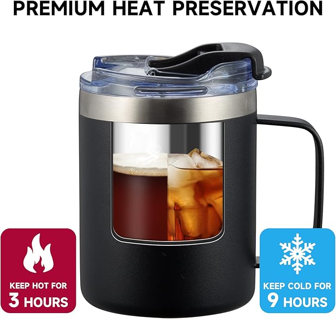 12oz Stainless Steel Insulated Coffee Mug with Handle, Double Wall Vacuum Tumbler Cup with Fliping Lid, Black, 4 Pack