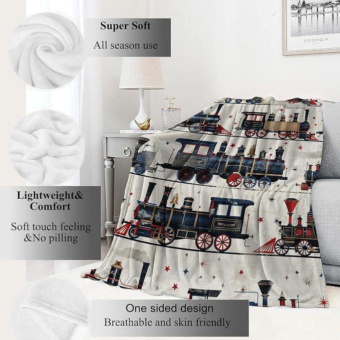 Vintage Steam Train Blanket,Cute Classic Railway Retro Throw Blankets,Gifts for Kids Girls,Lightweight Soft Fleece,for Sofa Couch Bed Room Travel,Birthday Historical Aesthetics Decor,40x50in