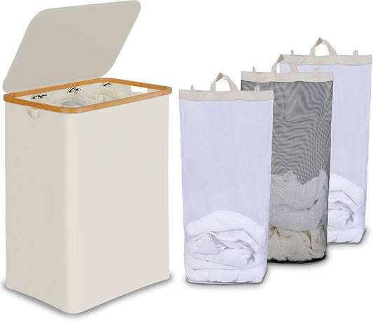efluky Laundry Hamper with Lid, Trio Laundry Basket with 2 Removable Bags, 3 Section Laundry Bin with Bamboo Handles for Bathroom, Bedroom & Laundry Room, 160L (42.3 Gallon) Beige