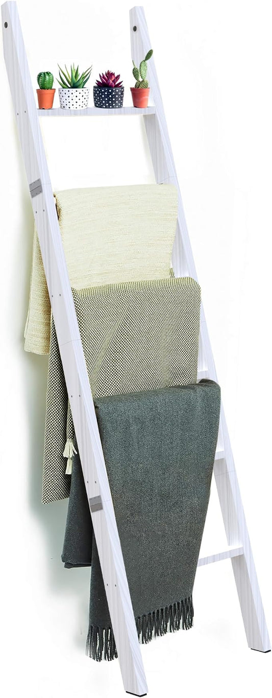 6 Tier Wooden Blanket Ladder - Rustic Style Quilt Ladder for Blankets - Blanket Rack for Wall - Blanket Holder - Farmhouse Decor Accent Furniture for Living Room (White, 6 Tier)