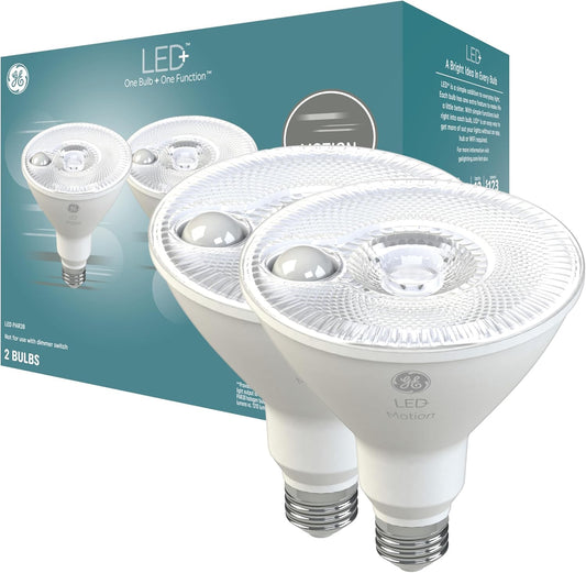 GE LED+ Motion Sensor LED Light Bulbs, 14W, PAR38 Outdoor Security Floodlights, Warm White, CAC (2 Pack)