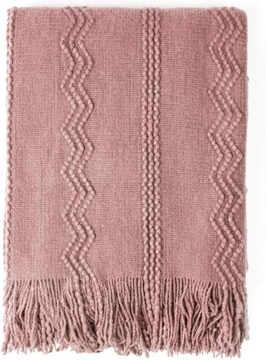 BOURINA Coral Pink Throw Blanket 50 x90 Inches Textured Solid Soft Sofa Throw Bed Runner Knitted Decorative Blanket