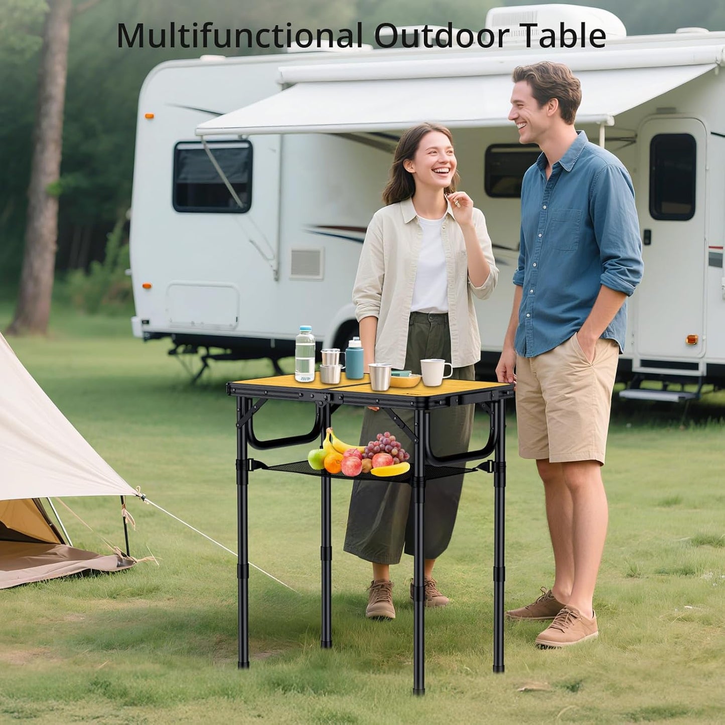 2ft Camping Table Foldable with Storage Net, 3 Adjustable Heights Aluminum Small Folding Table, Lightweight, Portable Handle, for Travel Outdoor Beach Camping Picnic, 23.2" x 16", Yellow