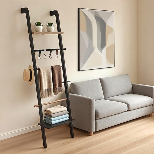 Wooden Ladder with Shelf for Decor, 6-Tier Decor Ladder with Non-Slip Mat & Hooks, Farmhouse Style Leaning Wall Display Holder, Black