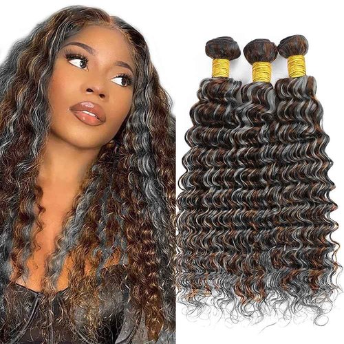 Giginger Bundles Human Hair P4/GREY 26 28 30 inch Deep Wave Human Hair Bundles Highlight Chocolate Grey Unprocessed Quick Weave Soft Sewn In Hair Extensions for Black Women