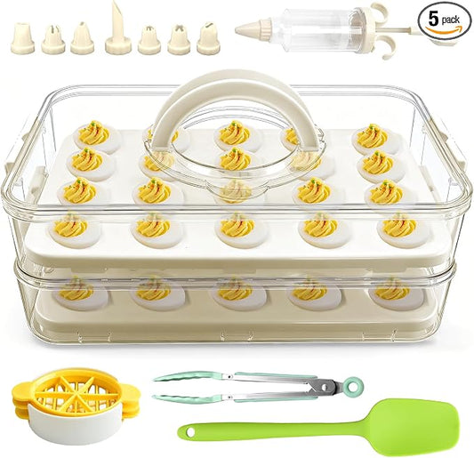 Deviled Egg Containers with Lid & Handle (2 Layer Snap-on) PET Thickened Eggs Holder Inc Egg Slicer Kitchen Tongs Silicone Spatula and Piping Decorating Kit,for Festival Party Brunch