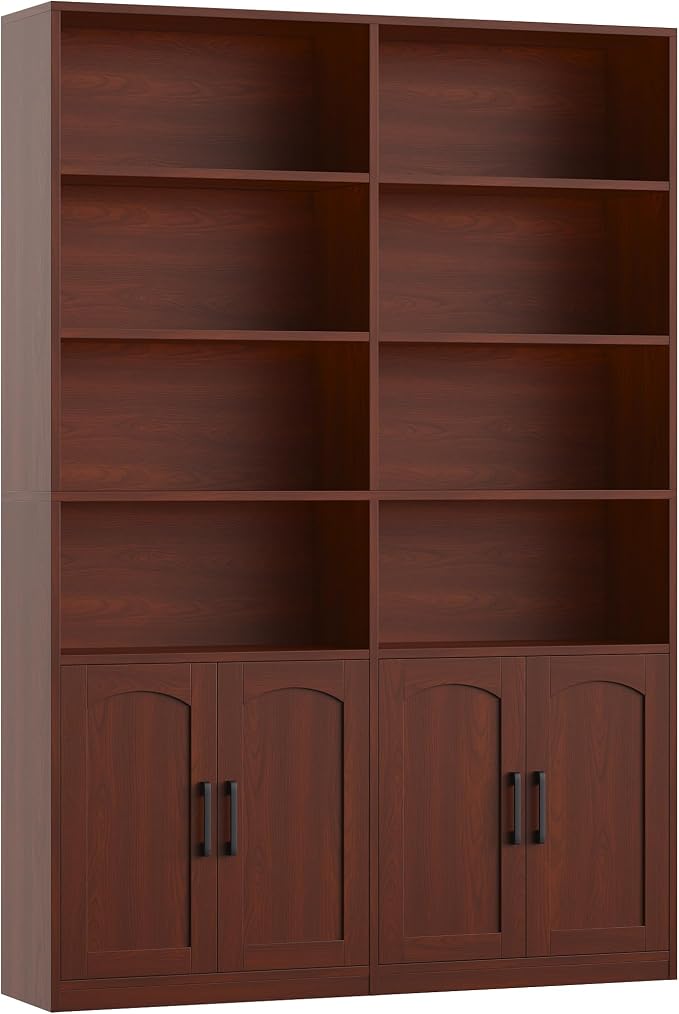 FACBOTALL Bookshelf and Bookcase with Doors, 6 Tier Double Wide Large Bookshelves, Open Display Shelves, 73'' Tall Bookshelf with Storage Cabinets for Home Office, Living Room, Library, Cherry