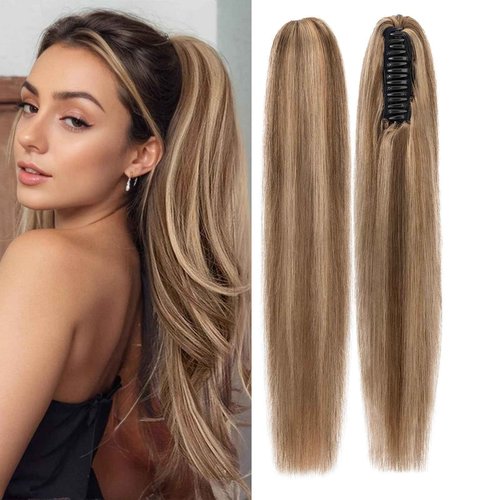 Rich Choices Claw Clip Ponytail Extension Human Hair Real Hair Ponytail Balayage Medium Brown Highlighted Dark Blonde 14 Inch 105g One Piece Clip In Long Ponytail Hair Extension For Women #4P27