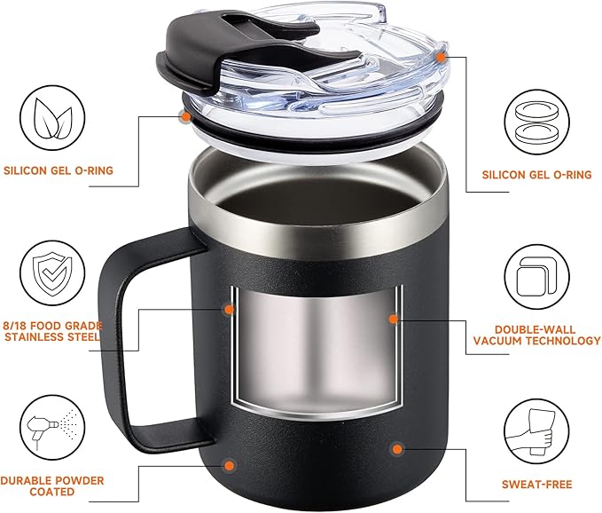 12oz Insulated Coffee Mug Cup with Handle, Stainless Steel Travel Coffee Mug with Flip Lid, Double Wall Vacuum Coffee Tumbler,Sky Blue