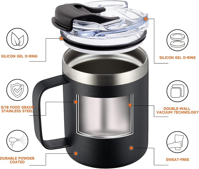 12oz Insulated Coffee Mug Cup with Handle, Stainless Steel Travel Coffee Mug with Flip Lid, Double Wall Vacuum Coffee Tumbler, Cream
