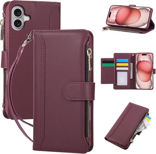 Compatible with iPhone 16 Wallet Phone Case-PU Leather Magnetic Flip Cover with Credit Card Slots,Zipper Pocket & Detachable Wrist Strap,Shockproof Design,for Women and Men-Claret
