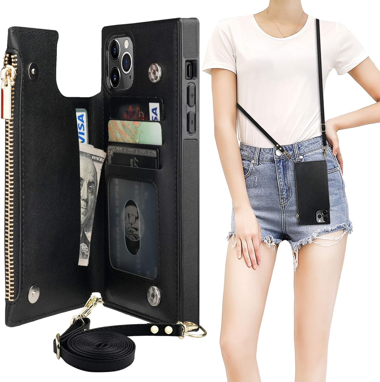 Bocasal Crossbody Wallet Case for iPhone 11 Pro Max with Card Holder,Zipper Card Slot Protector Shockproof Purse Cover with Removable Cross Body Strap 6.5 Inch(Black)