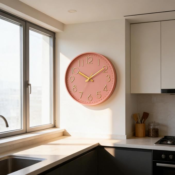 DAXSMY Wall Clock - 10 Inch Silent Non-Ticking Modern 3D Wall Clocks Battery Operated - Decorative Clock for Kitchen, Home Office, Bathroom, Bedroom(Pink)