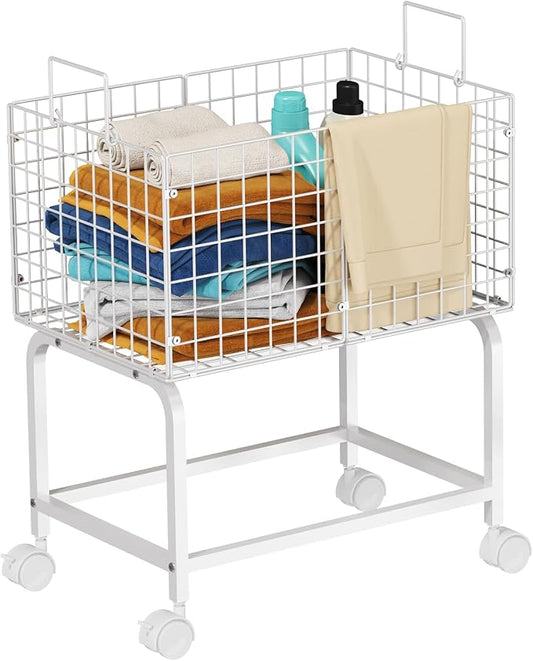 Rolling Laundry Basket with Wheels,80L Wire Laundry Cart with Pull Handle,White High Laundry Basket Cart for Laundry Room,Bathroom,Bedroom-White(23.6 * 15.75 * 28inch)