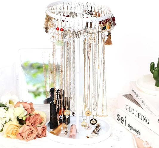 360 Rotating 2-Tier Jewelry Organizer Stand, Large Earring Holder Organizer with 48 Holes for Studs，24 Prongs for Necklaces, Wide Base for Bracelets, Watches, Lipstick, Jewelry Display Stand for Women