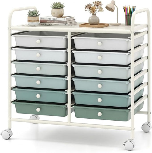 COSTWAY 12-Drawer Rolling Storage Cart, Utility Storage Organizer Cart for Tools, Scrapbook, Paper, Craft, Multipurpose Art Supply Organizer on Wheels for Home Office School, Teacher, Green Gradient