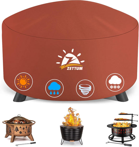Fire Pit Cover Round 40 Inch - Outdoor Firepit Cover Heavy Duty & Waterproof, 600D Patio Fire Table Covers Gas Fire Pit Accessories Fade & Weather Resistant Brown - 40 x 40 x 20 Inch