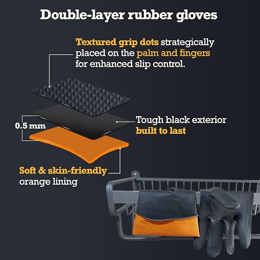 Heavy-Duty Thick Black Rubber Cleaning Gloves, 1 Pair, L | Reusable & waterproof black/orange dual layers. Non-slip design for dishwashing, kitchen cleaning, and auto care.