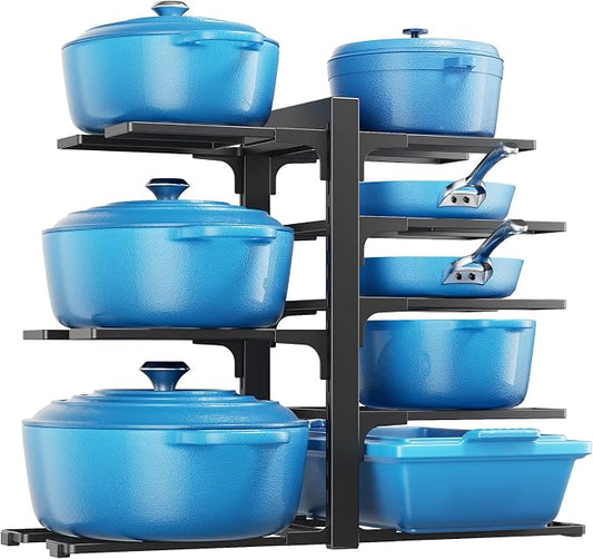 LAMU Pots and Pans Organizer Organizer under Cabinet 15.83" Height, 8 Adjustable Tier Heavy Duty 120LB Pot and Pan Organizer Rack inside Cabinet for Cast-iron Pan, Heavy Skillets Griddle, Shallow Pot