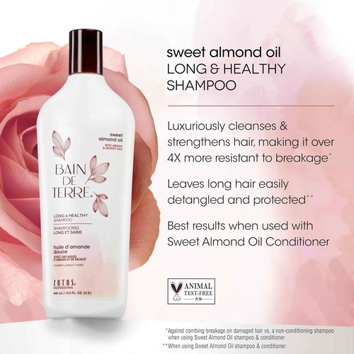 Bain de Terre Long & Healthy Shampoo and Conditioner Set & Shine Serum | Sweet Almond Oil | Fortifies & Strengthens Long, Growing Hair | Paraben Free | Color-Safe | 33.8 Fl Oz