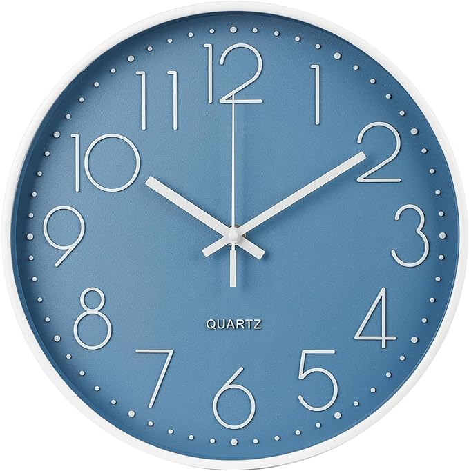 Wall Clock 12 Inch Non-Ticking Silent Modern Simple Style Round Decor Clock Cerulean Stereoscopic Dial Quartz Wall Clocks for Home/Office/School/Living Room/Bedroom/Kitchen