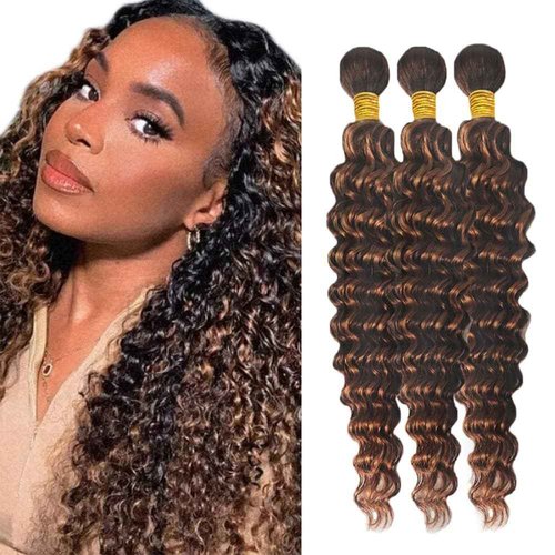 Giginger Bundles Human Hair Deep Wave Human Hair Bundles 22 24 26 Inch Brazilian Chocolate Brown Highlight P4/30 Unprocessed Quick Weave Soft Sewn In Hair Extensions for Black Women