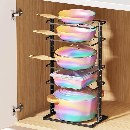 LAMU Pots and Pans Organizer Under Cabinet, 5 -Tier Dual-Pillar Design | Adjustable All-Metal Rack Stores Pots, Pans And Lids in Cabinets, on Countertops or Under Sinks, Holding Up to 55 Lb Black