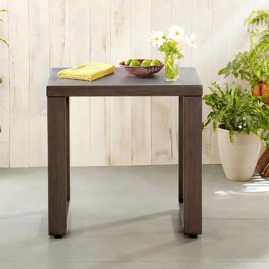 Outdoor Metal Side Table - 20"x 20" Small Square Coffee Table Patio Bistro Set Ideal Match for Patio Furniture, Wood-Looking Brown