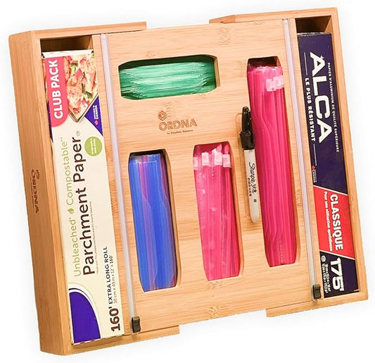 3" Slim 6-in-1 Expandable Storage Bag Organizer Kitchen Drawer - Bamboo Baggie Organizer for Drawer, Aluminum Foil & Saran Wrap Cutter, Plastic, Gallon, Quart & Sandwich Bags (11.5"-17.63" Wide)