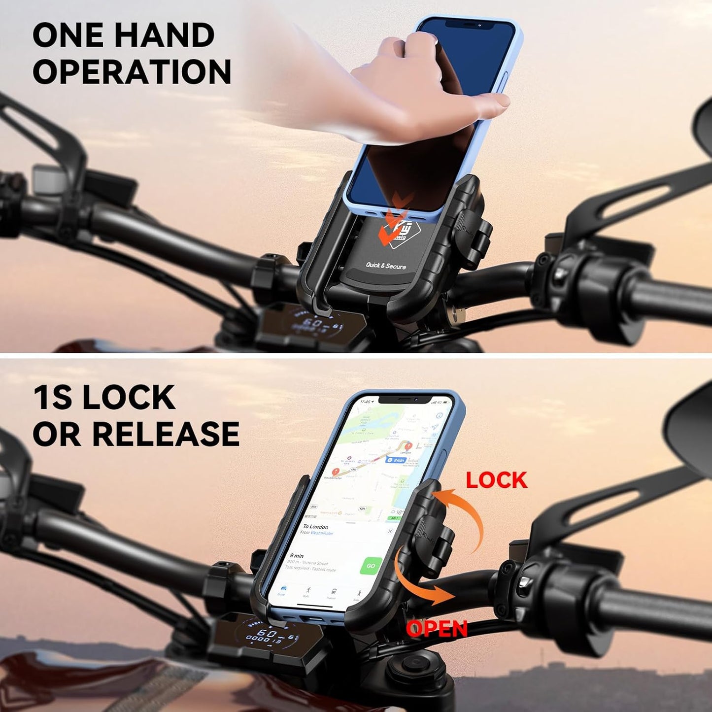Kewig Motorcycle Phone Mount Holder- [Camera Friendly] [1s Lock & Release] Bike Phone Mount Handlebar Clamp, Bicycle Scooter Phone Holder for 5.4-7.2" Smartphones"
