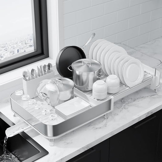 Kitsure Dish Drying Rack - Expandable Stainless Steel Dish Racks for Kitchen Counter, Auto-Drain Drying Rack for Kitchen with Cutlery Holder & Non-Slip Feet, 16.1-26.6" L x 12.6" W, White