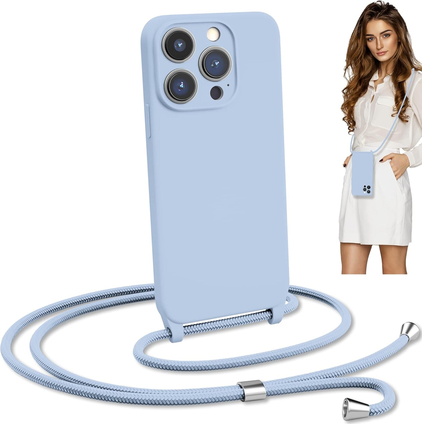 Blaspins Crossbody Lanyard Strap Case for iPhone 14, Neck Cross Body, Adjustable Holder Removable, Drop Protection Shockproof, Hands-Free Silicone Case Cover 6.1 inch, 150 cm Strap, iPhone 14 - Blue