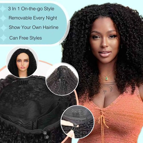Kinky Curly Half Wig Human Hair Drawstring Seamless Flip Over Half Curly Wig Human Hair Invisible Hairline Glueless Wear and Go Wigs For Black Women Beginner Friendly 20Inch 200% Density