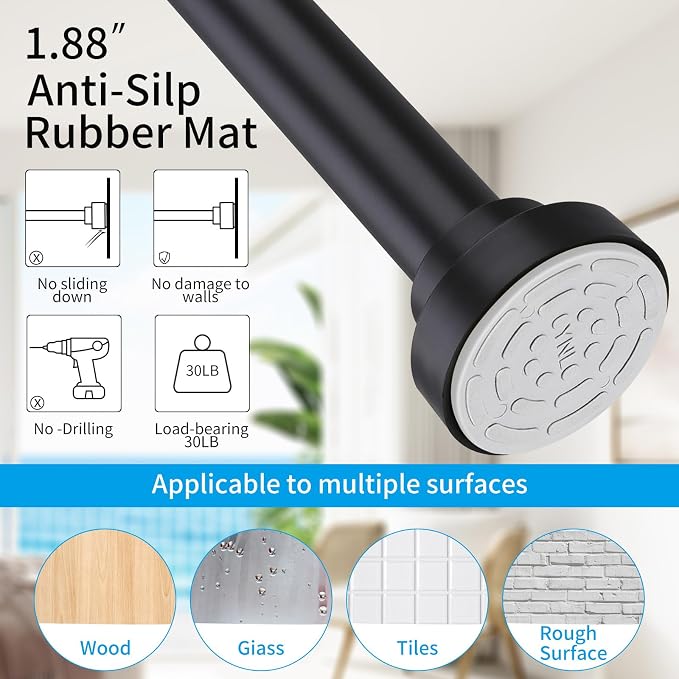 Tension Curtain Rod 34-120In(3-10Ft) with 2 Rod Holders, No Drilling Never Rust Long Shower Curtain Rod, Adjustable Spring Curtain Rod for Large Window or Outdoor Patio, Stainless steel, Matte Black
