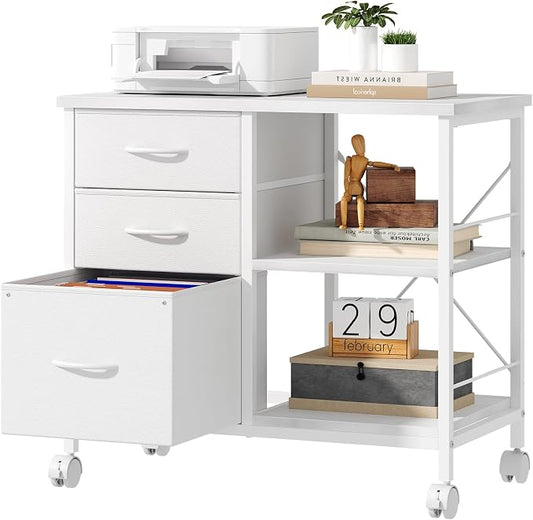 OLIXIS 3-Tier Printer Stand with Fabric Storage Drawer, Rolling Printer Cart with Lockable Wheels and Metal Frame, Under Desk Table with Open Storage Shelf for Small Spaces, Home, Office, White