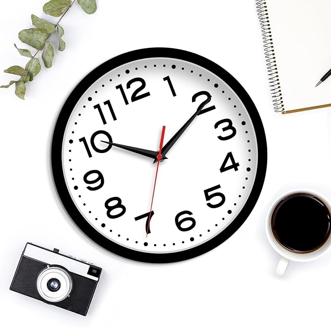 Roymnie Wall Clock Silent Non-Ticking Modern Clock Battery Operated 10 Inch Classic Analog Decorative for Classroom, Living Room, Office, Bedroom, School, Hotel (Black)