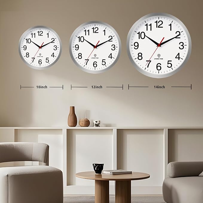Rohioue Atomic Wall Clock Modern 10 Inch Battery Operated Analog Clock Decorative for Bedroom Kitchen Bathroom Office Home Living Room (Silver)