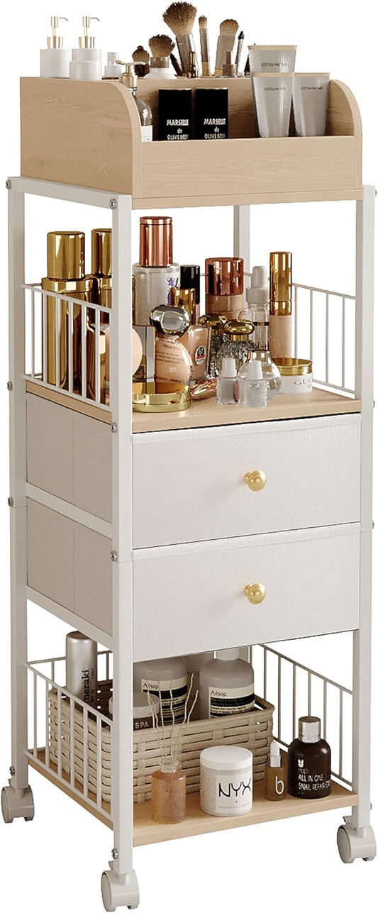 Floor Makeup Organizer Storage Cart - Rolling Makeup Cart with Drawers, Skincare Make Up Organizers and Storage, Cosmetics Display Cases Holder for Skin Care Nail Polish Perfume Makeup Brush (White)