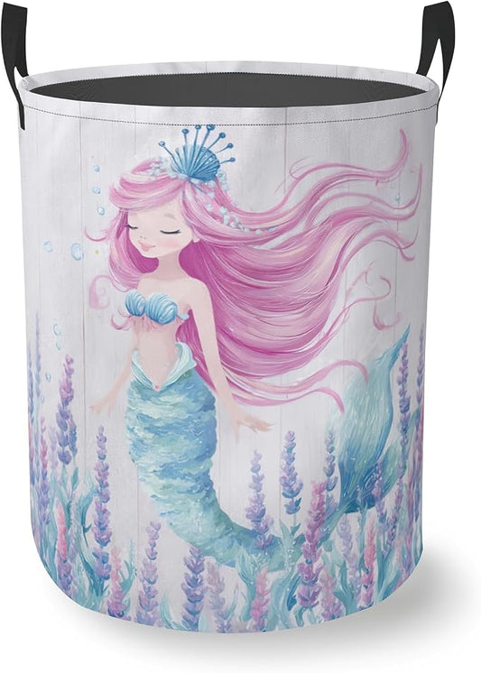 Mermaid Laundry Basket With Handles Tote Bag Oxford Cloth Funny Laundry Hamper Clothes Storage Bucket Toy Organizer 16" X 20.8"For Bathroom/Laundry/Bedroom